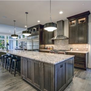 Modern kitchen with brown kitchen cabinets