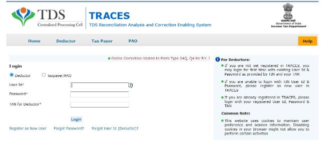 TRACES login page