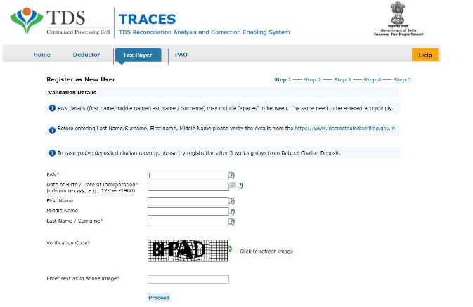TRACES registration page