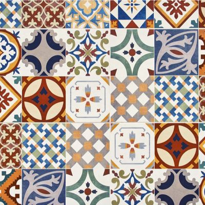 Moroccan patterned floor tile designs add colour to the living room.