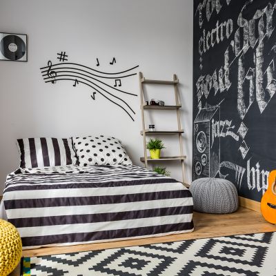black and white bedroom