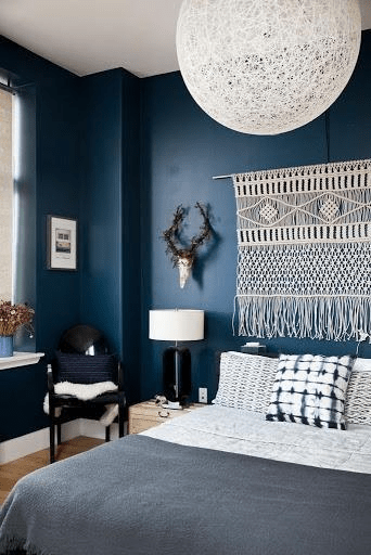 Indigo and white have always been a favourite for a soothing bedroom wall colour combination