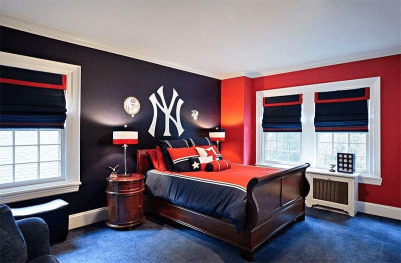 Blue and Royal Red Colour Combination for Bedroom Walls 