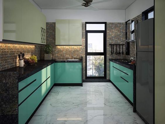 Teal Cabinets With Designer Tiles