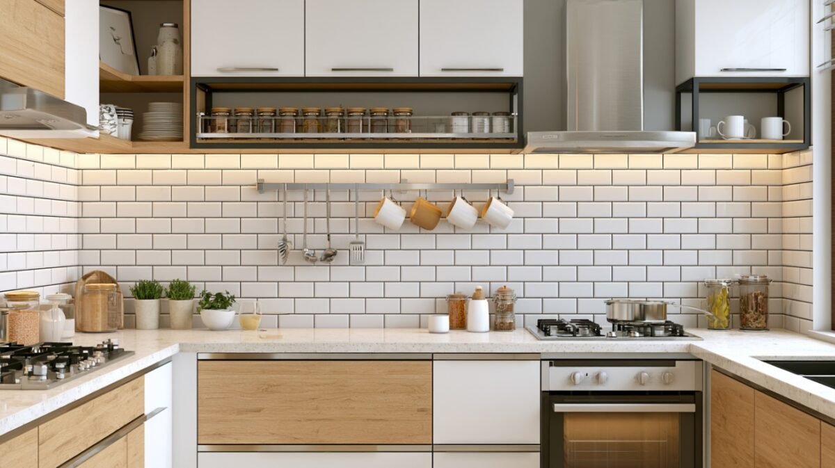 Wall-mounted stainless steel kitchen rack above countertop