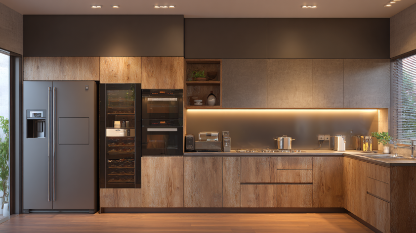 Modern wooden modular kitchen with sleek cabinets