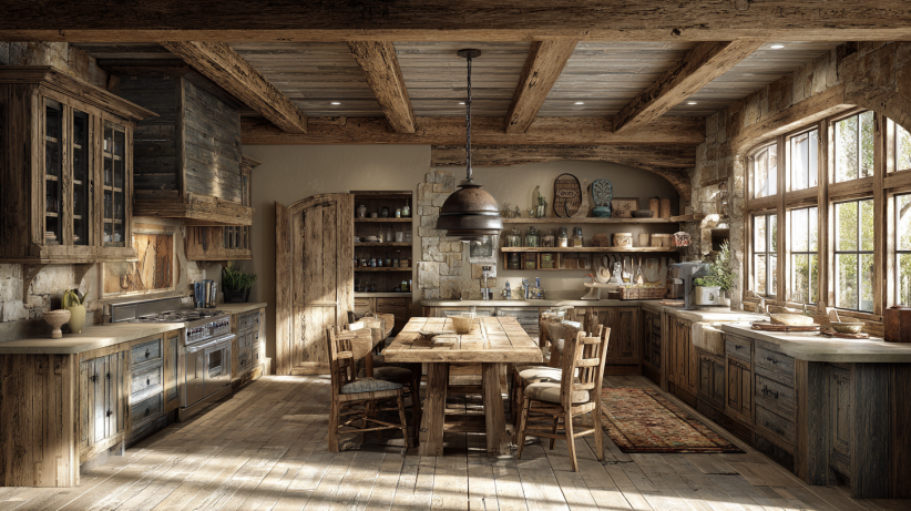 Rustic wooden kitchen with exposed beams and natural finishes