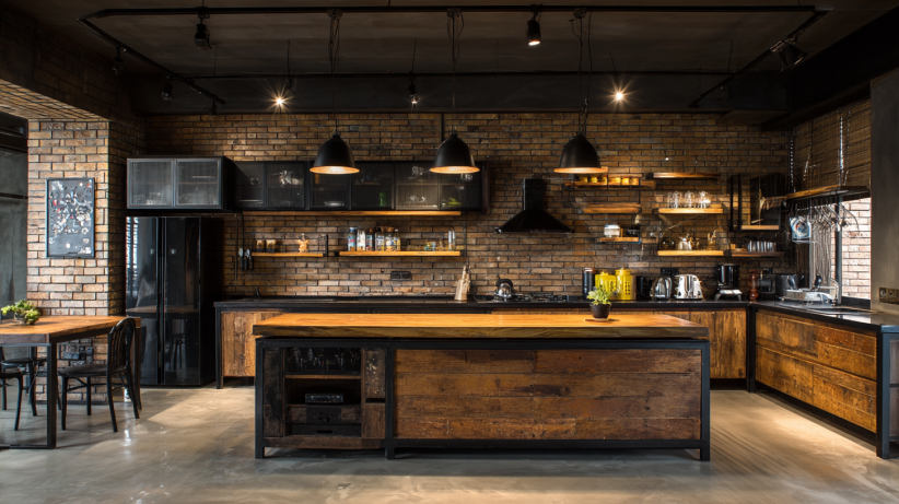 Industrial kitchen with wood and metal finishes