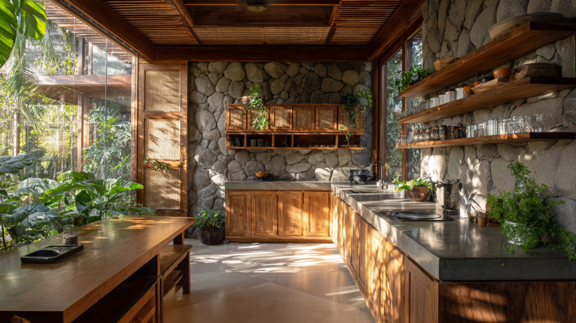 Wooden kitchen with natural light and greenery
