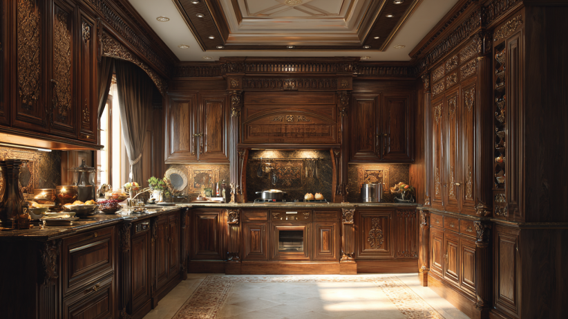 Classic wooden kitchen with panelled cabinets and rich finish