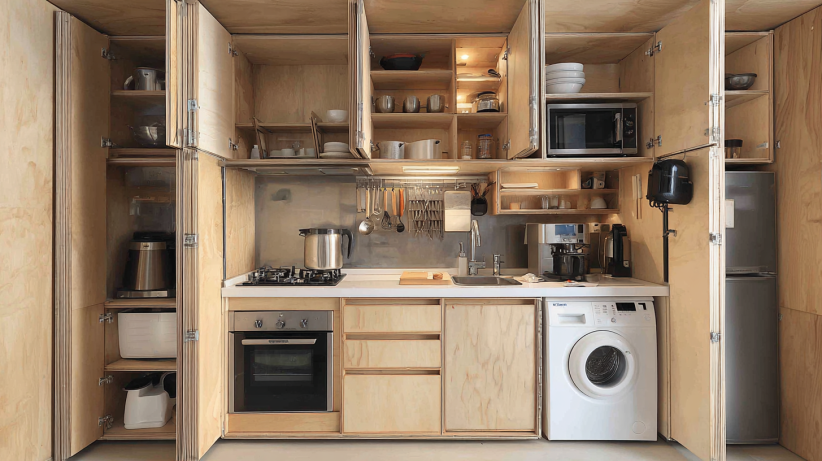 Small wooden kitchen with smart storage and compact layout