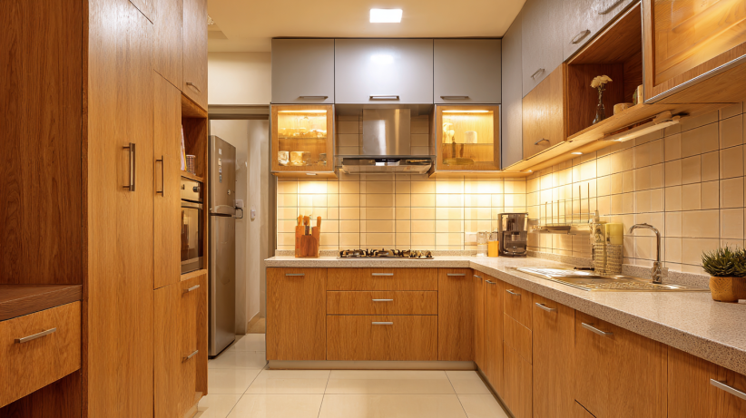 L-shaped wooden kitchen with efficient layout