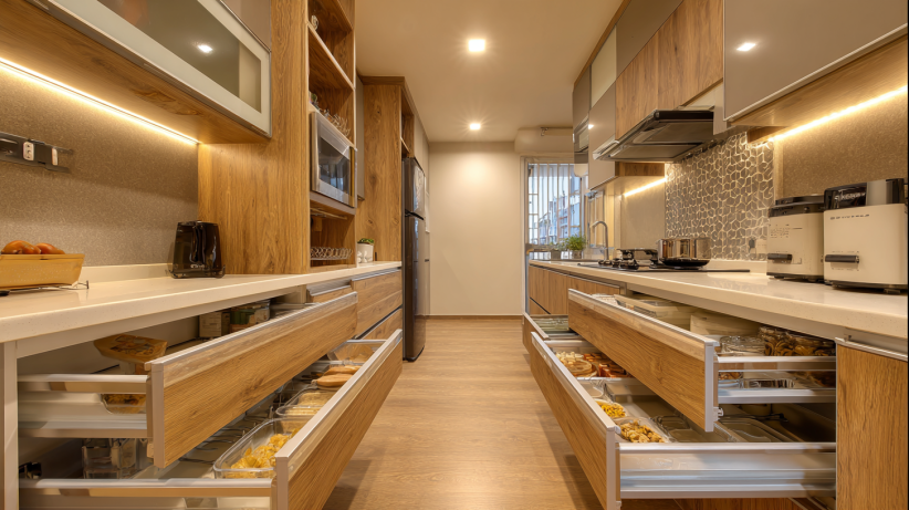 Wooden kitchen with light and dark contrast finishes