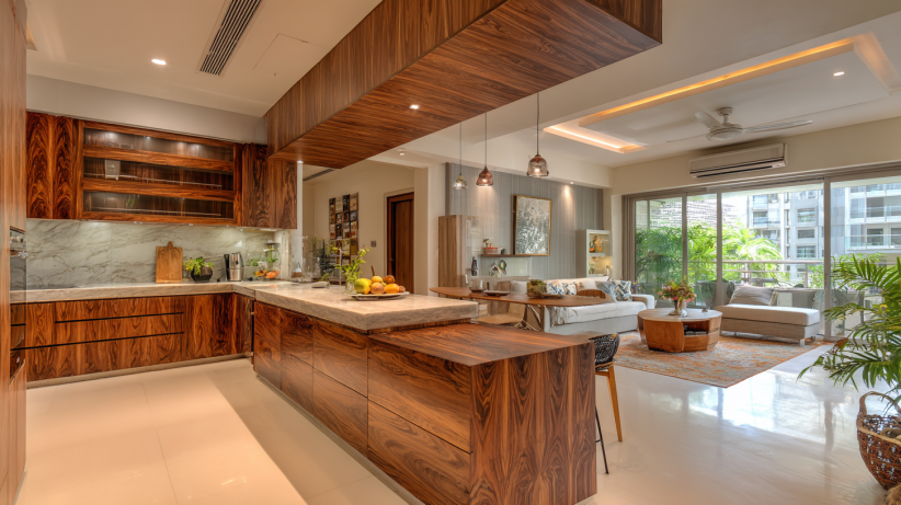 Open wooden kitchen connected to living space