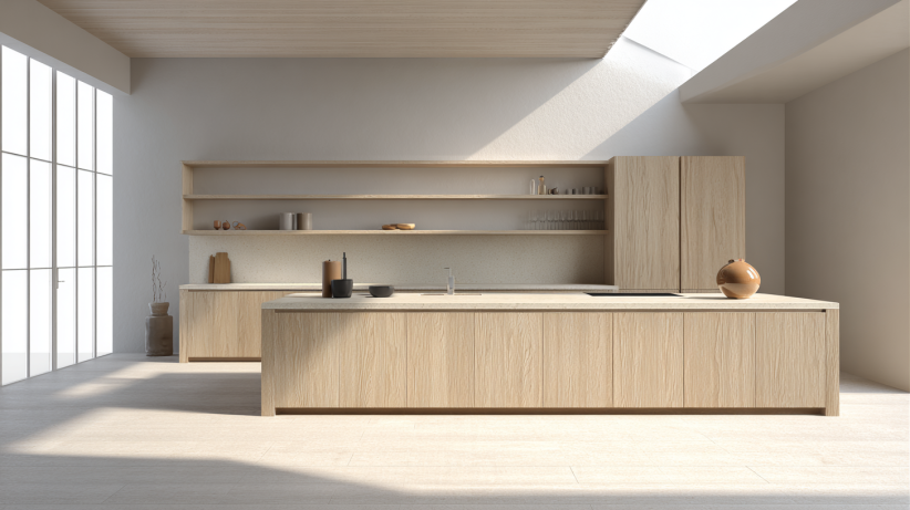 Minimalist wooden kitchen with clean surfaces