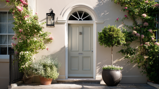 Cottage-style arch door with soft colours and simple design