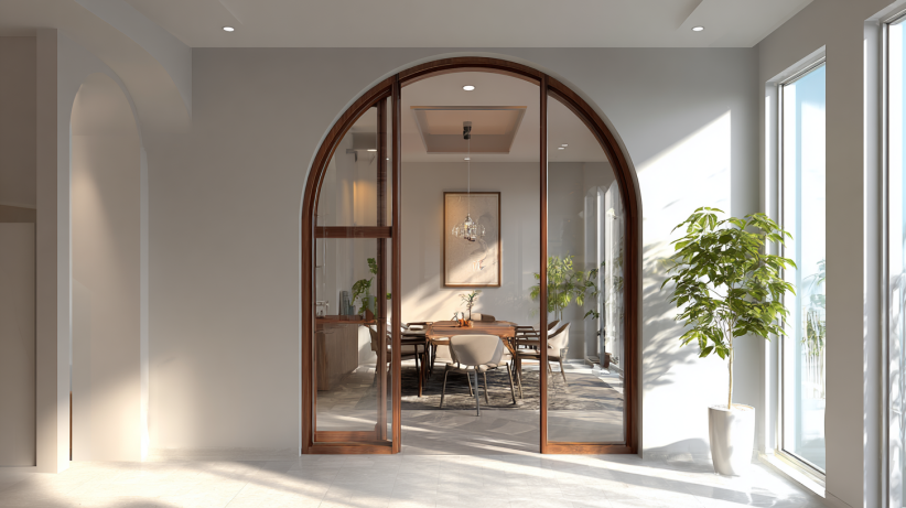 Glass arch door with modern frame and open design
