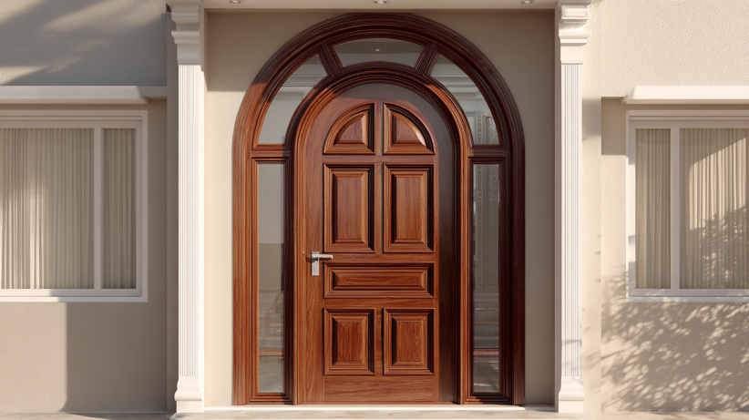 Semi-circle arch door with structured panel design