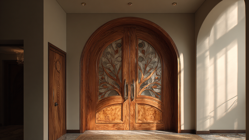 Arch door with flowing patterns and artistic detailing