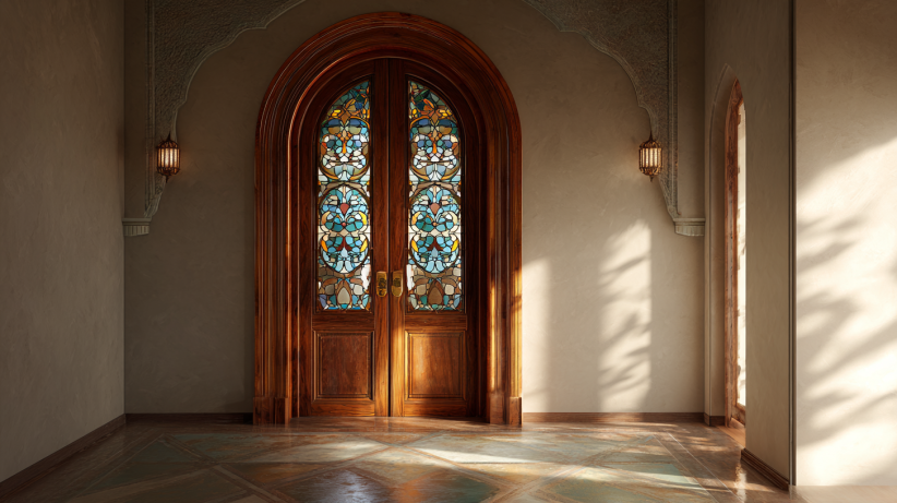 Arch door with stained glass panels and wooden frame