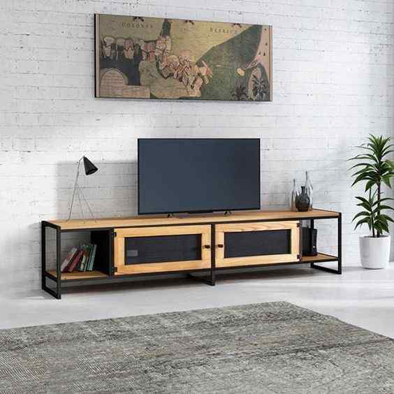 industrial pipe and wood shelf tv unit designs