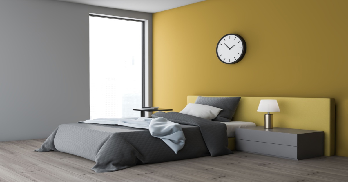charcoal grey and mustard yellow colour combination for bedroom walls