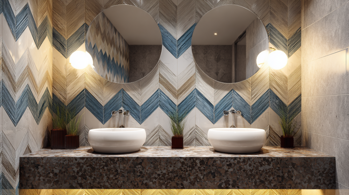 blue and beige chevron pattern tiles for a trendy hall wash basin