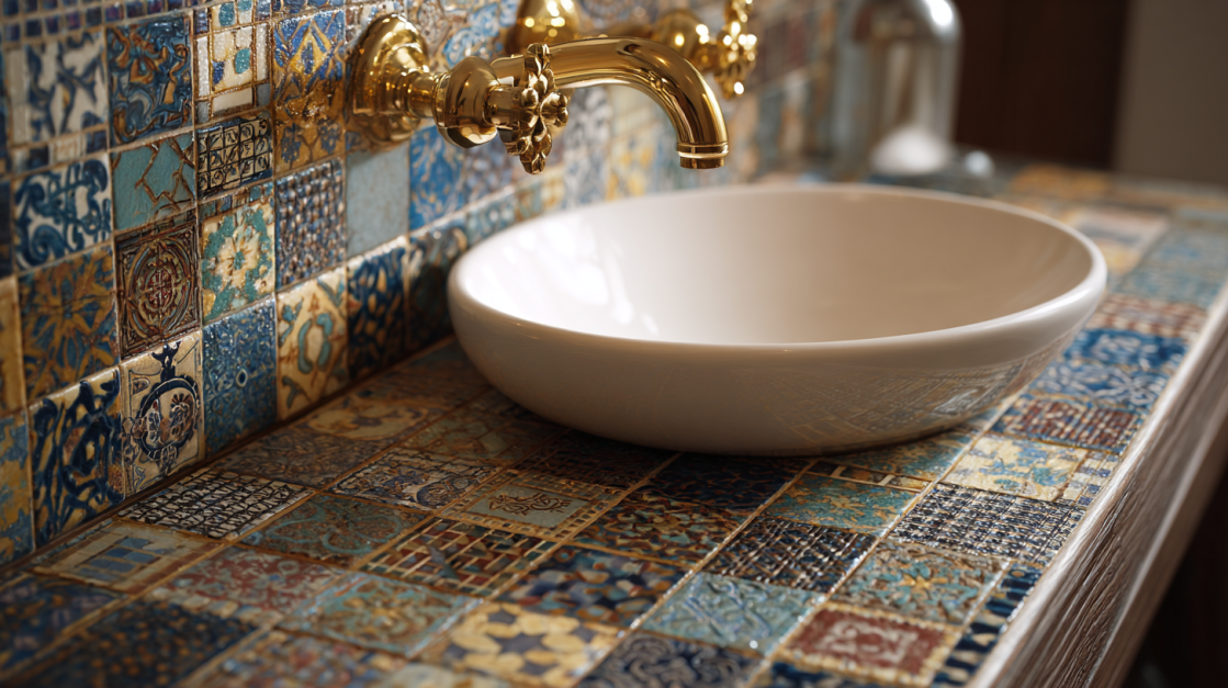 ornate patterned tiny mosaic tiles for small hall wash basin