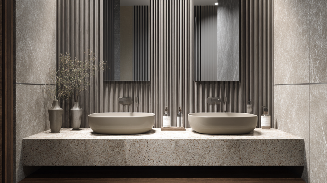 modern washroom with vertical slat vertical stripes tiles for a unique hall wash basin