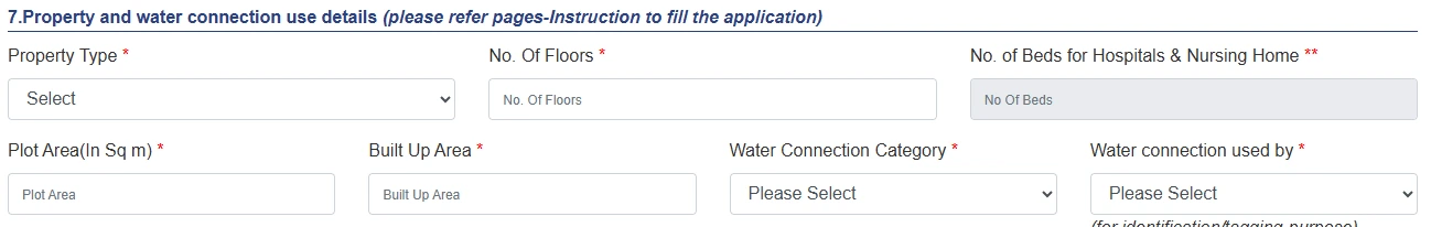 Property type, area and water connection category fields in the DJB form