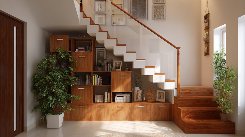 Staircase with built-in storage boxes