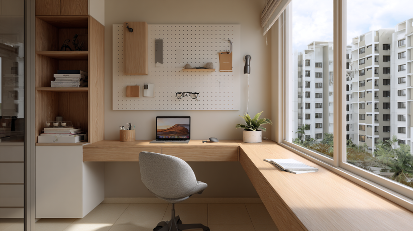 Minimalist small office with clean desk and neutral tones