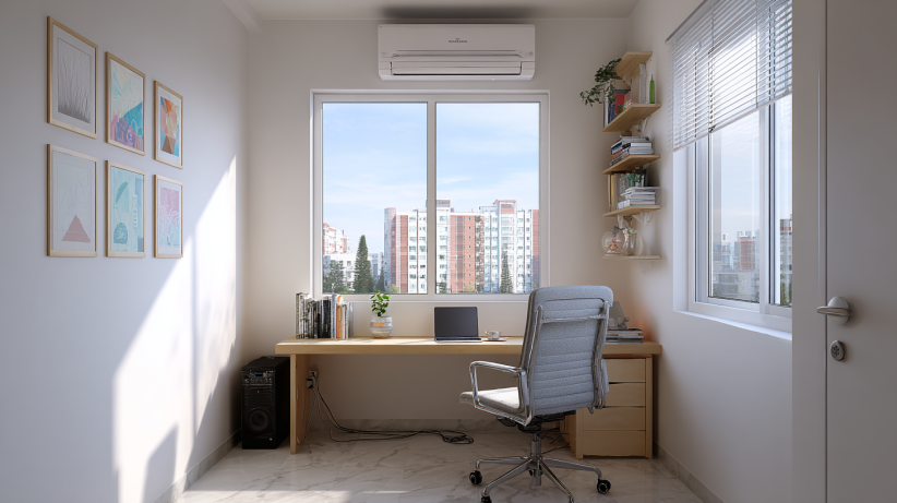 Zen office with minimal decor and calming tones