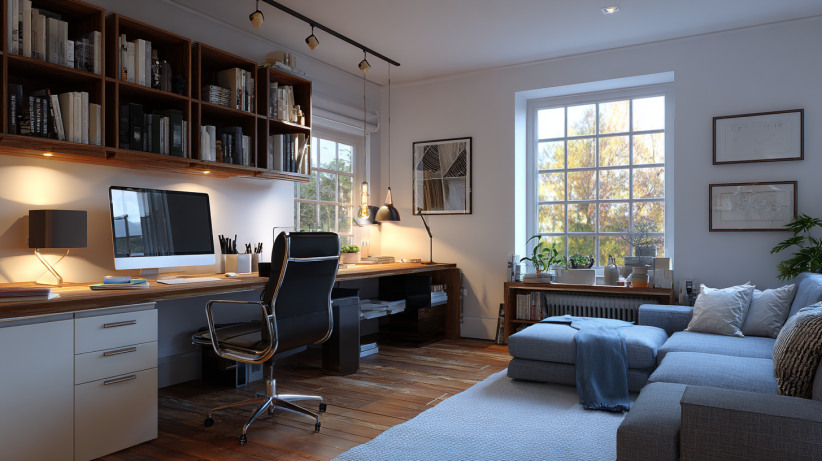 Small home office with cozy furniture and warm decor