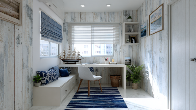 Nautical office with blue tones and marine decor