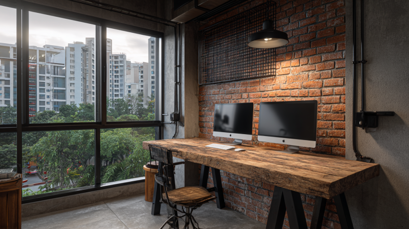 Industrial small office with exposed brick and metal accents
