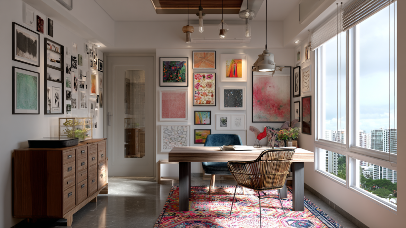Eclectic office with mixed styles and decor elements