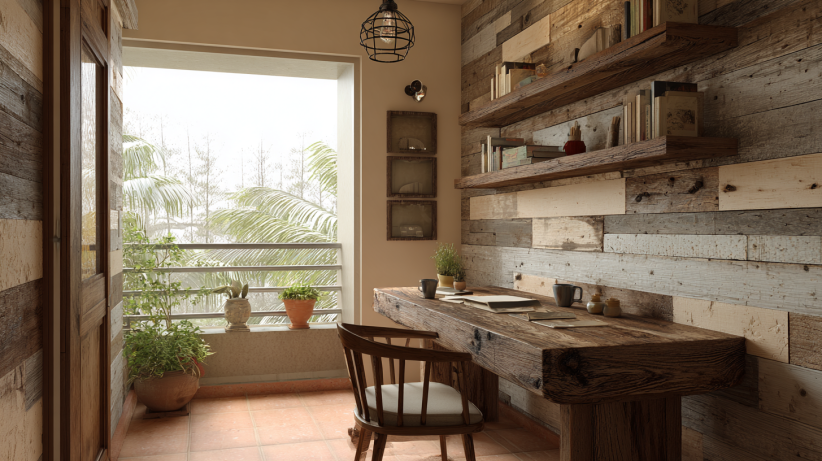 Rustic office with wooden furniture and earthy tones