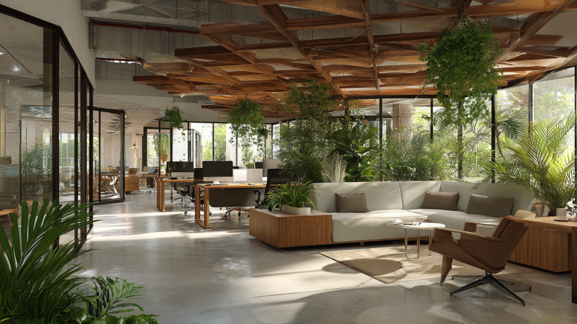 Small office with indoor plants and natural elements