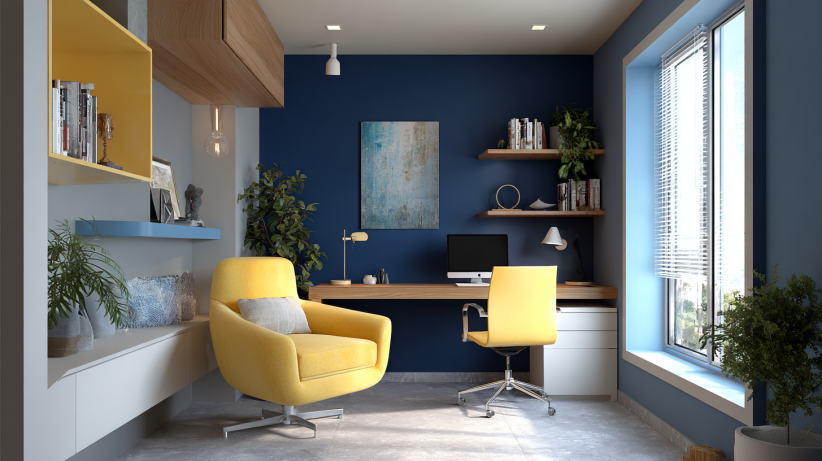 Small office with bold colour-themed interior design