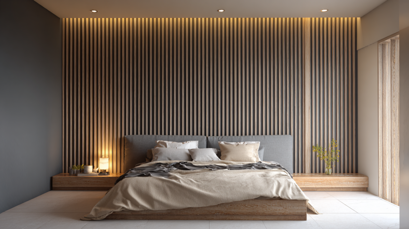 Vertical slim PVC panel wall design for small bedroom