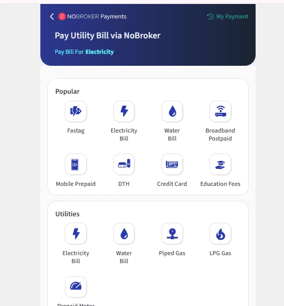 NoBroker online bill payment page.