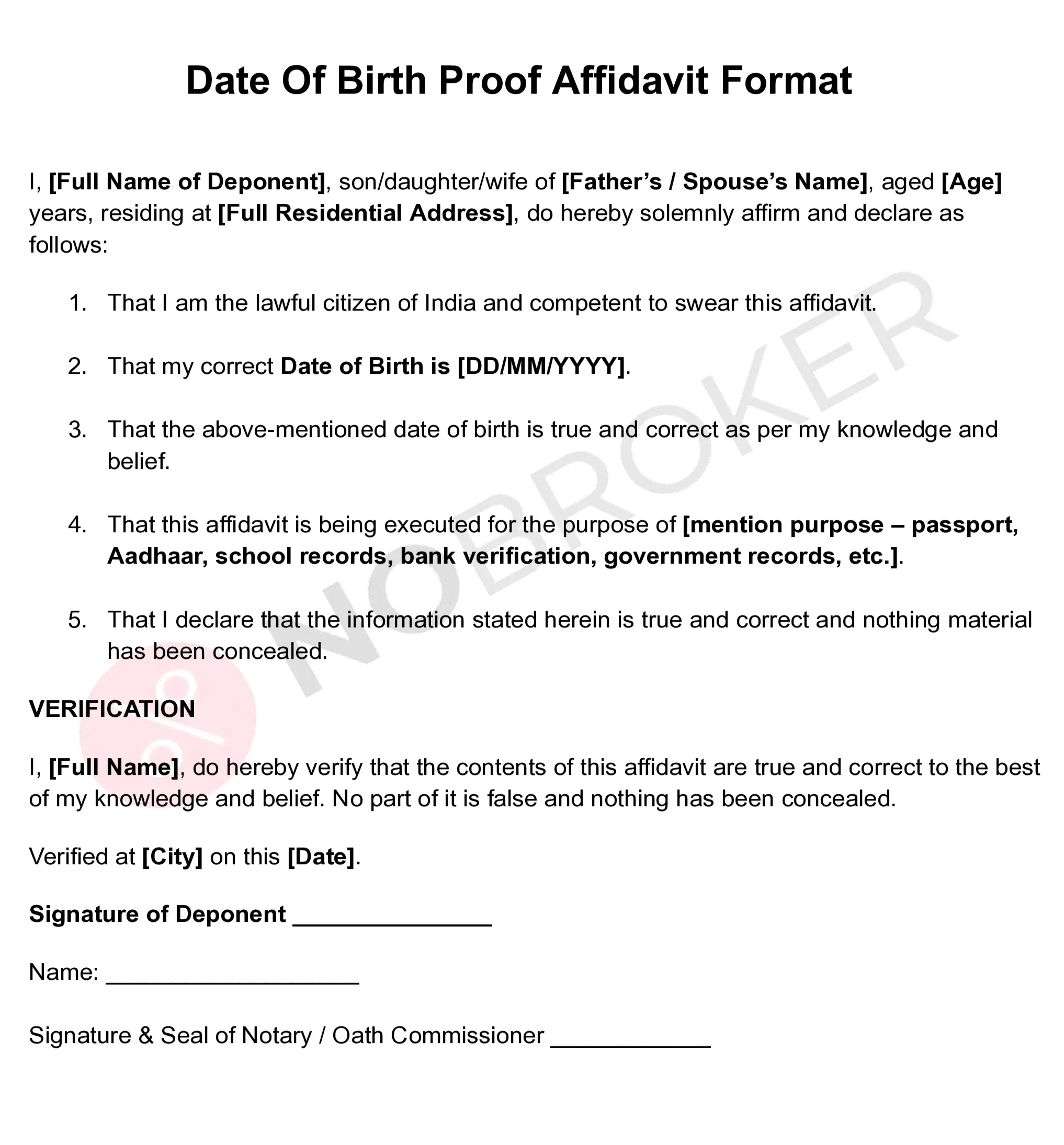 Legal name change affidavit format displaying identity information, name correction statement, and signature fields.