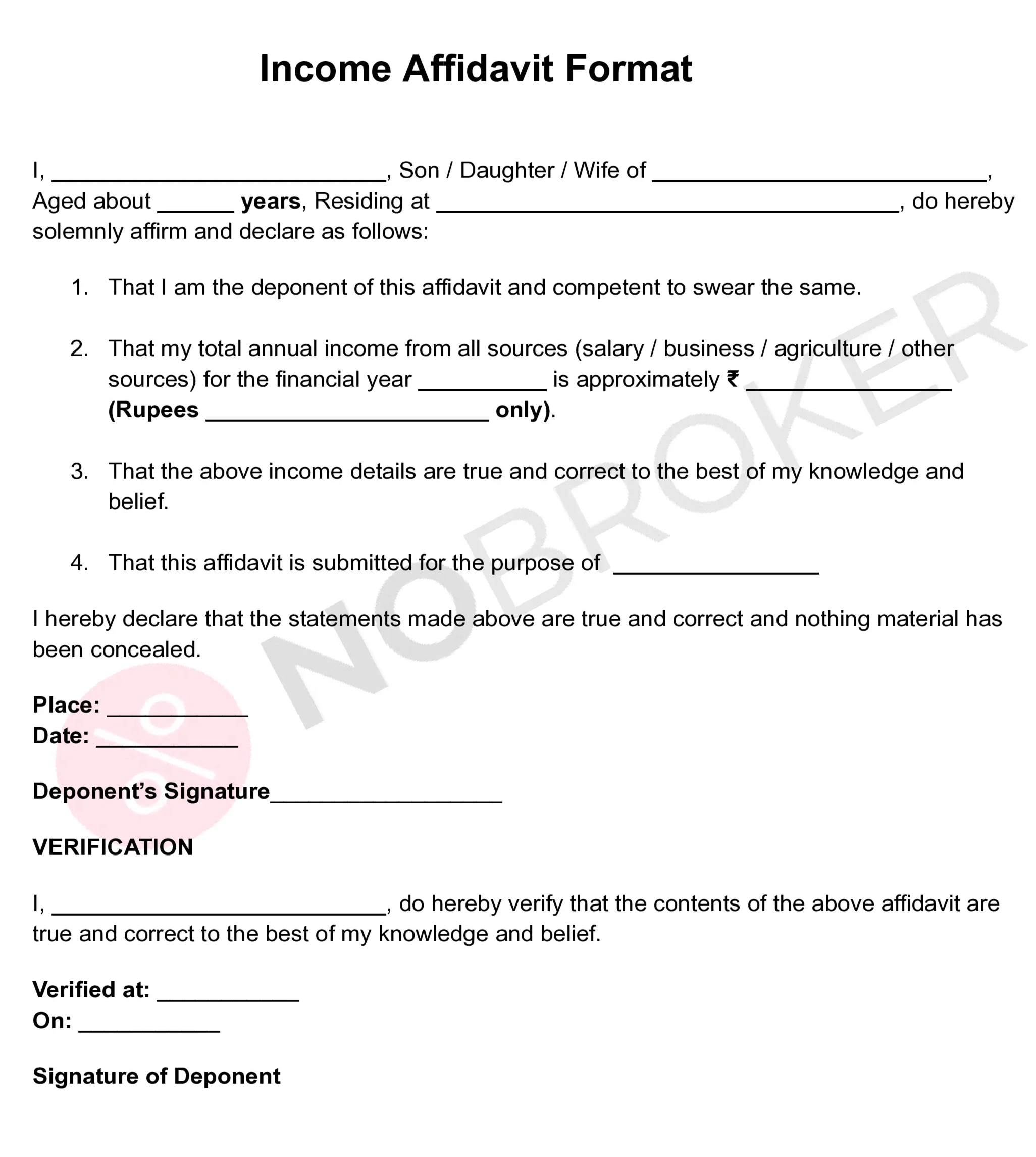 Income affidavit format sample with applicant details and income declaration.