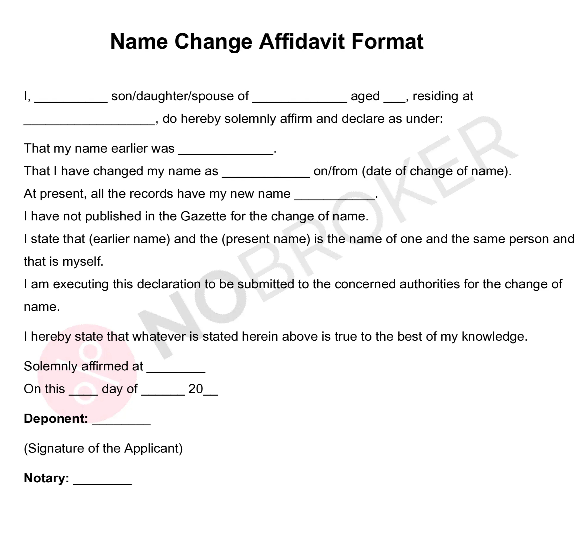 Legal name change affidavit format displaying identity information, name correction statement, and signature fields.