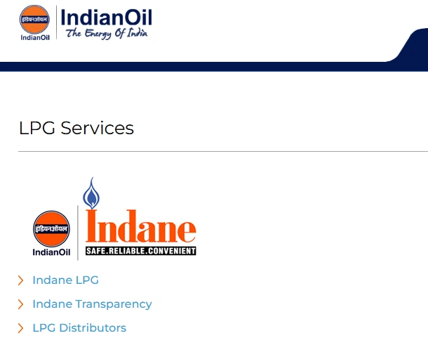 IndianOil LPG Services page for Indane gas connections.