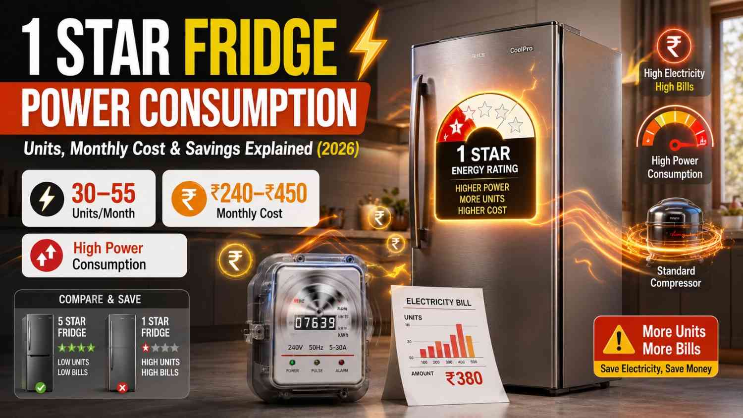 1 Star Fridge Power Consumption in India (2026): Units, Monthly Cost &amp; Savings Explained