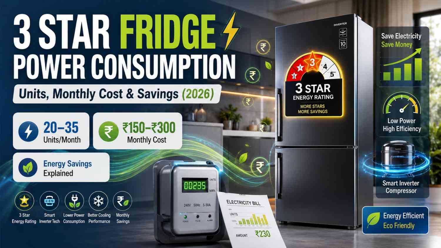 3 Star Fridge Power Consumption in India (2026): Units, Monthly Cost &amp; Savings Explained