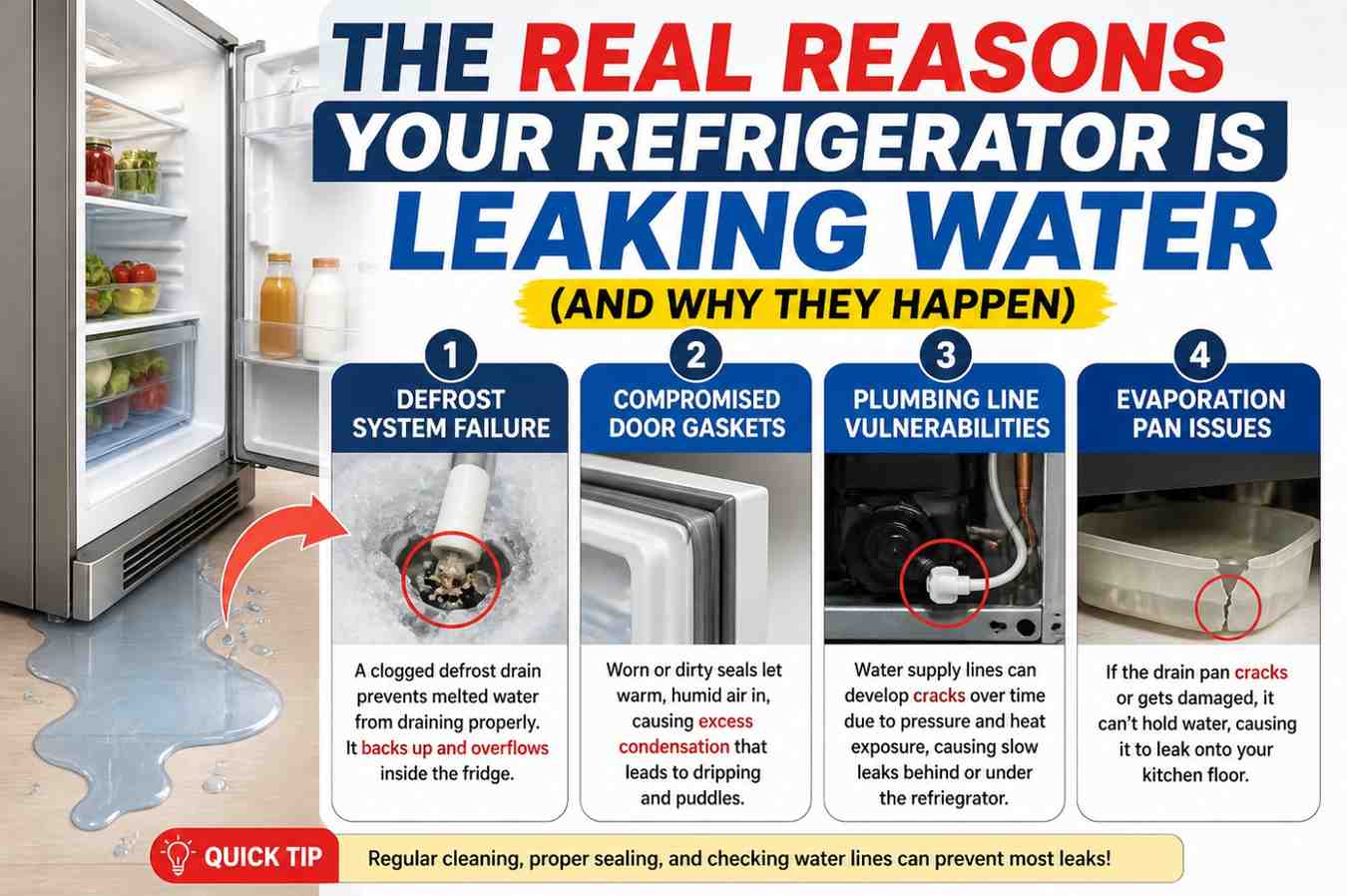 Why Your Refrigerator Is Leaking Water (Real Causes, Fixes &amp; Diagnosis Guide)