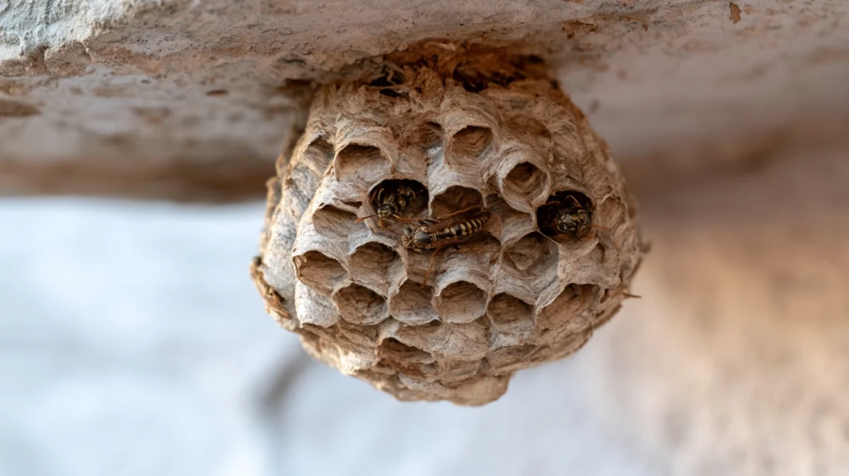 Paper wasp nest under roof eaves